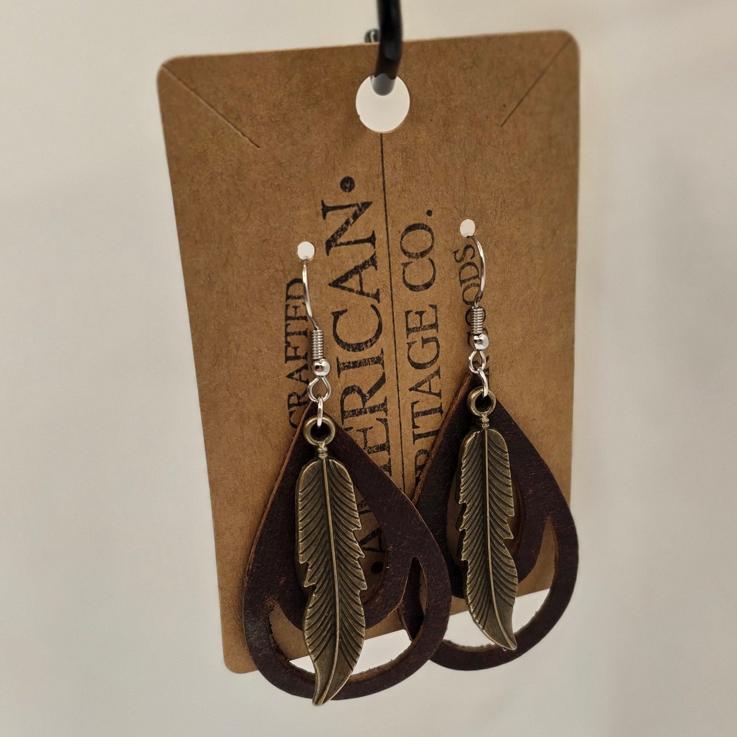 Brown Open leather Teardrop, Bronze Feather Charm with Surgical Steel Post #234
