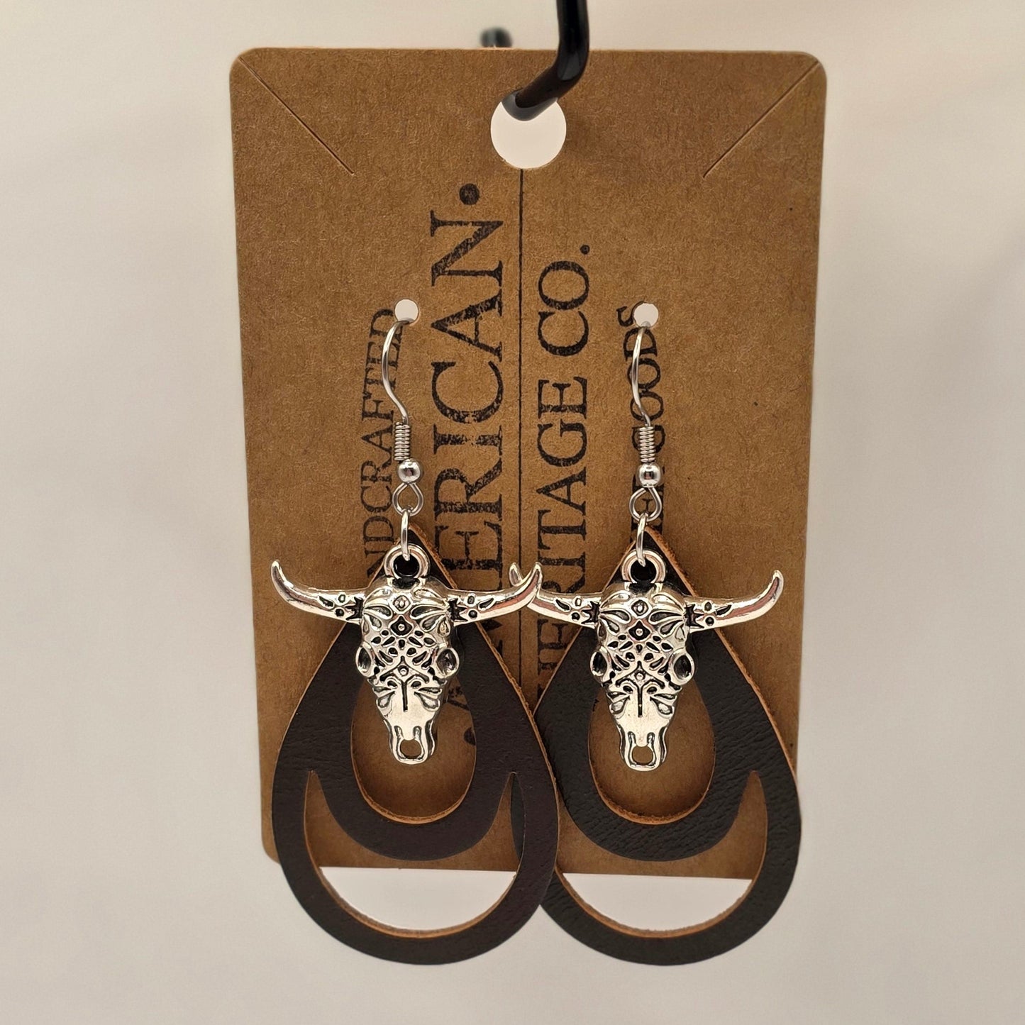 Brown Open Leather Teardrop, Silver Bull with Surgical Steel Post #235
