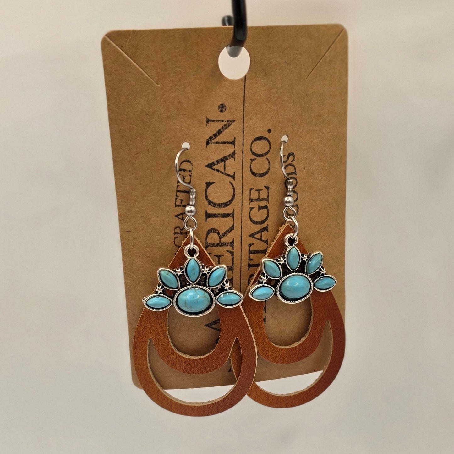 Light Brown Open Teardrop Leather, Turquoise Charm with Surgical Steel Post #237