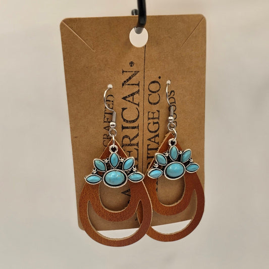 Light Brown Open Teardrop Leather, Turquoise Charm with Surgical Steel Post #237