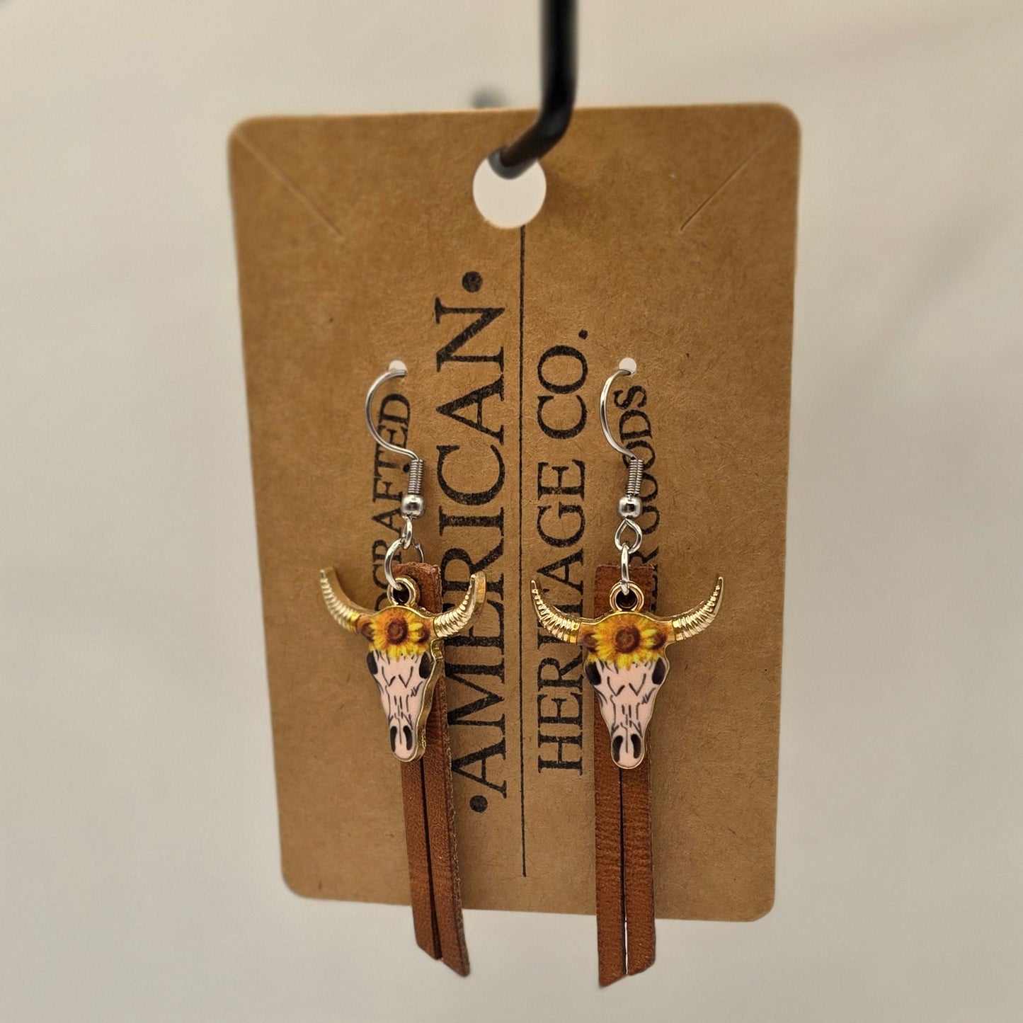 Light Brown Leather Fringe, Sunflower Bull Charm with Surgical Steel Post #238