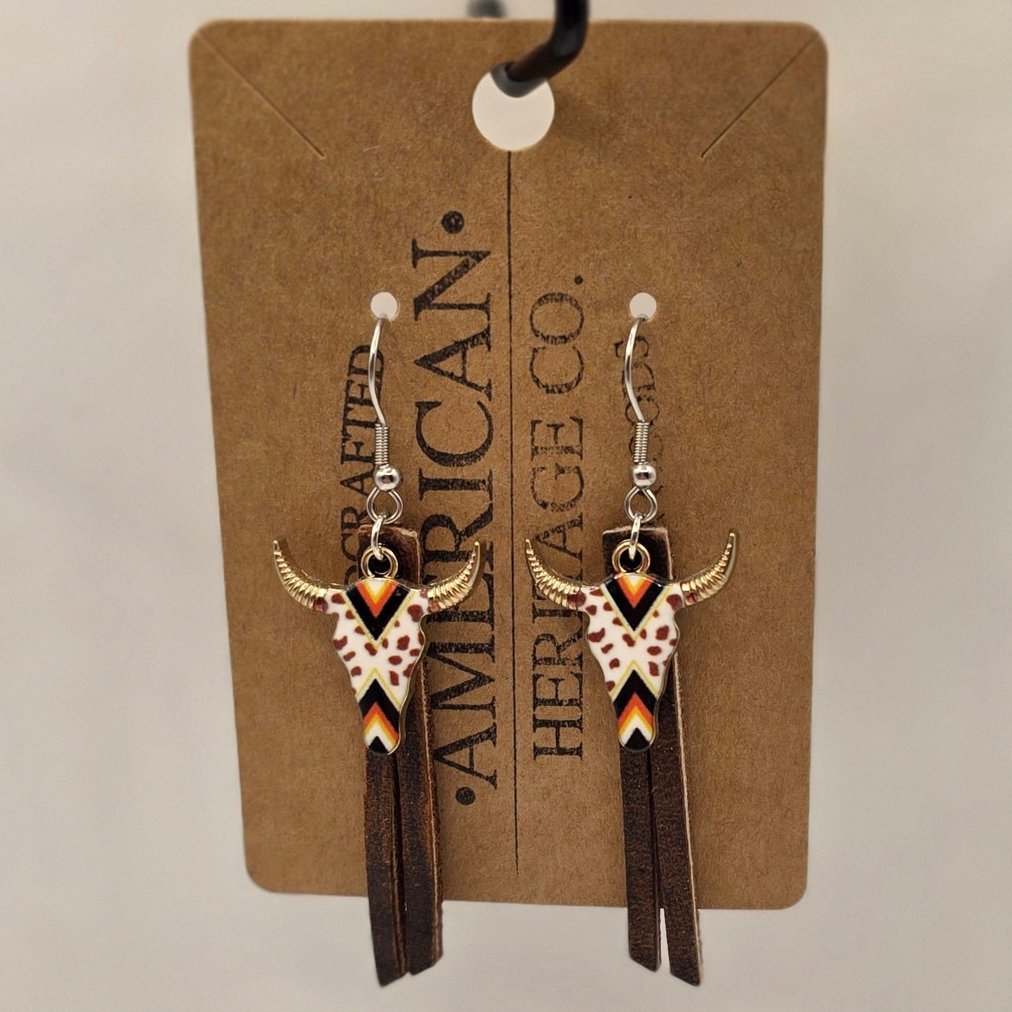Dark Brown Leather Fringe, Giraffe Print Bull with Surgical Steel Post #239