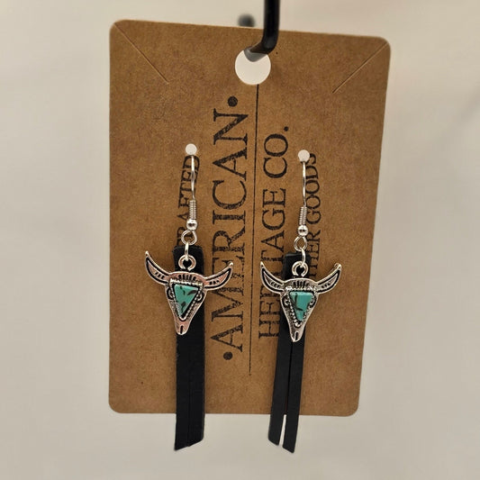 Black Leather Fringe, Turquoise Bull Charm with Surgical Steel Post #240