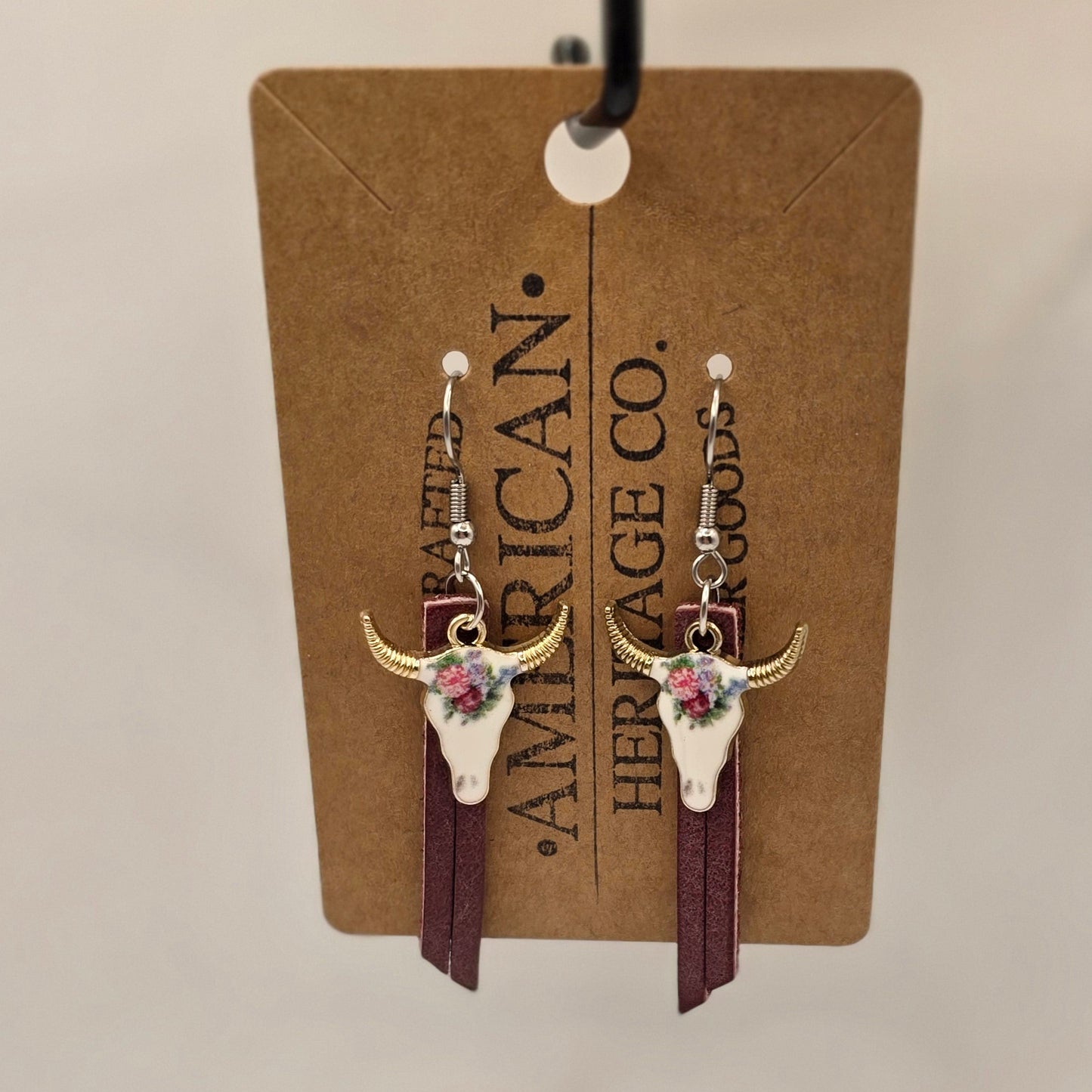 Burgundy Leather Fringe, FlowuBull Charm with Surgical Steel Post #241