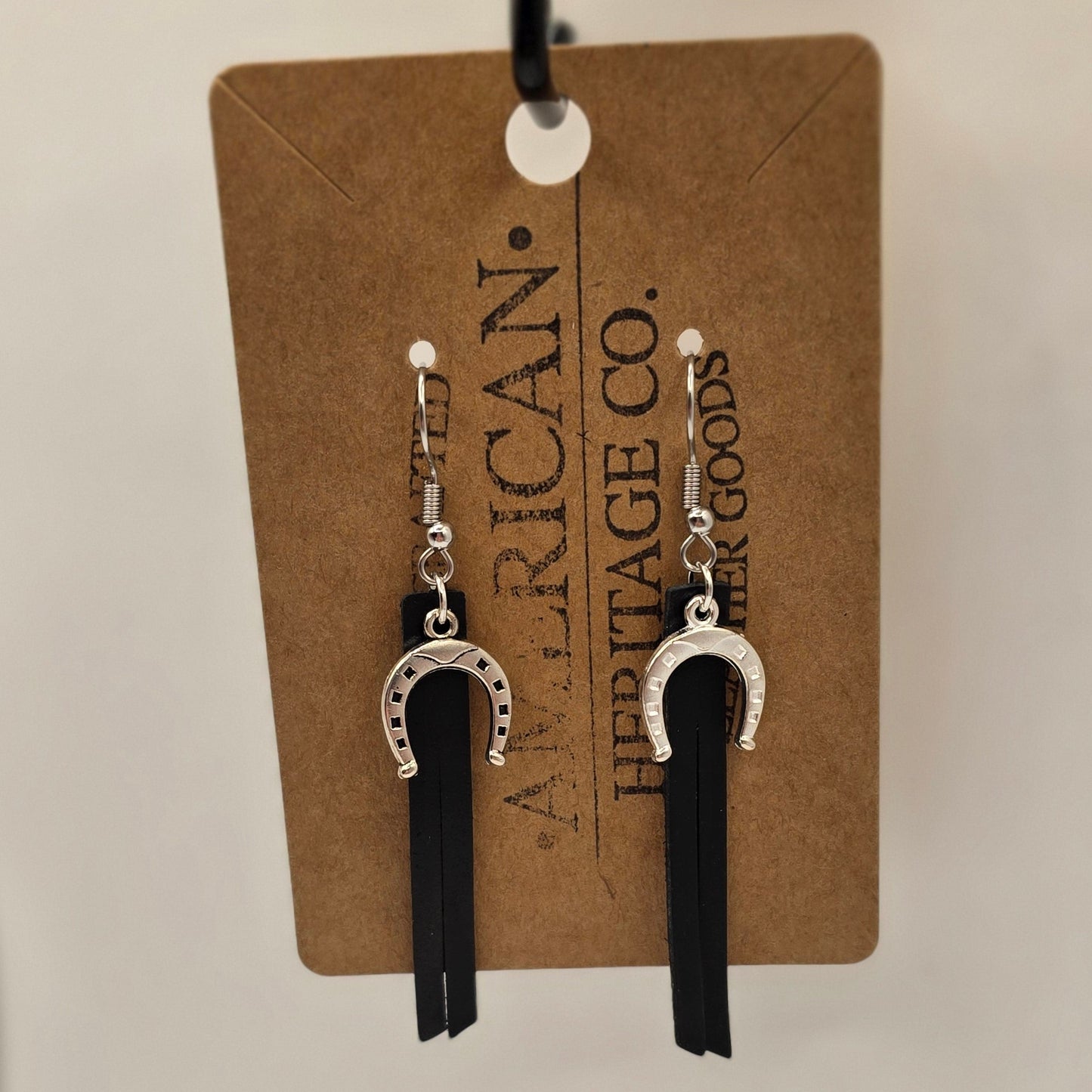 Black Leather Fringe, Silver Horseshoe Charm with Surgical Steel Post #243