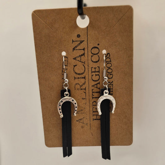 Black Leather Fringe, Silver Horseshoe Charm with Surgical Steel Post #243