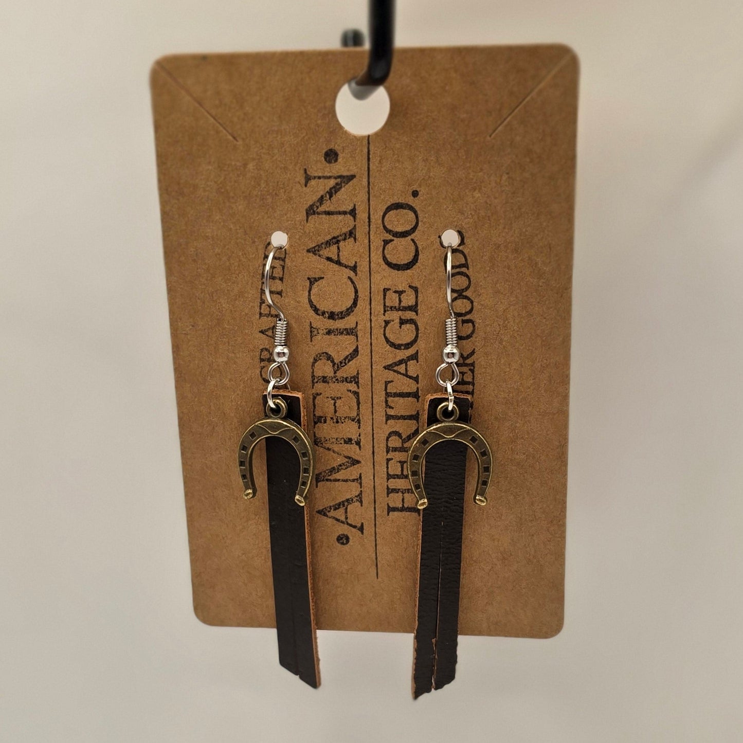 Dark Brown Leather Fringe, Bronze Horseshoe Charm with Surgical Steel Post #244