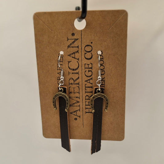Dark Brown Leather Fringe, Bronze Horseshoe Charm with Surgical Steel Post #244