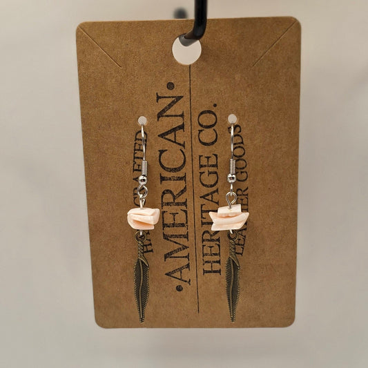 Bronze Feather, Coral Puka Shells with Surgical Steel Post #250