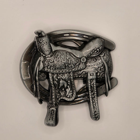 Western Saddle with Horse Shoe- Western Novelty Style Belt Buckle #316