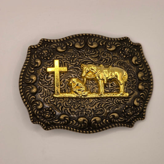 Gold Cowboy Praying - Western Novelty Belt Buckle #312