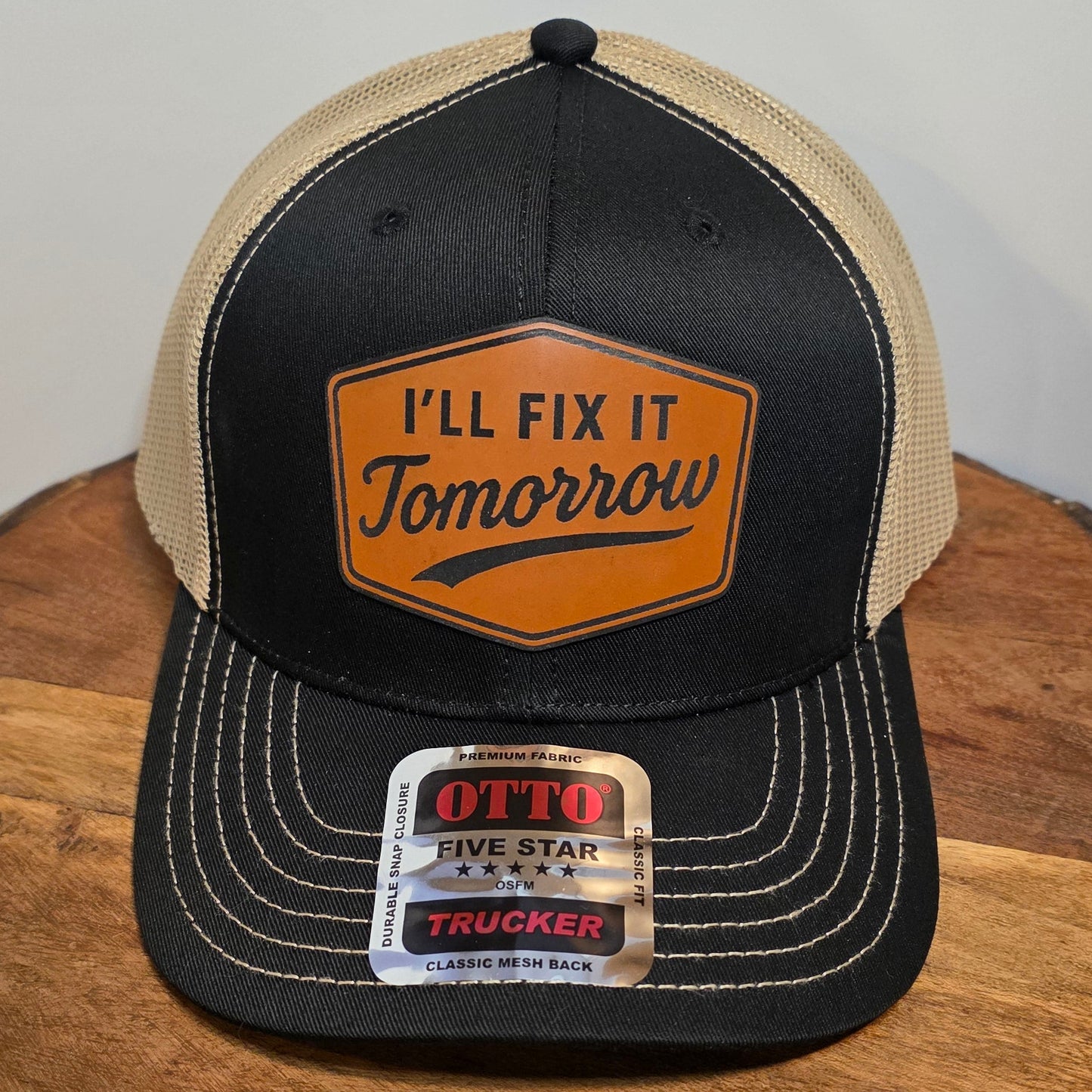 OTTO Style 112-1 Trucker Hat, I'll Fix it Tomorrow, Black/Tan #404