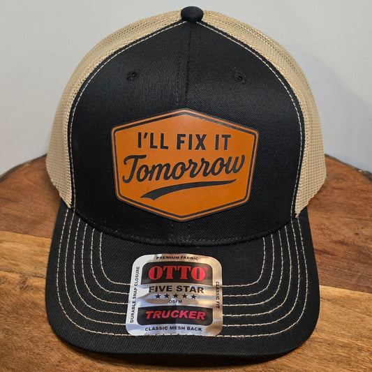 OTTO Style 112-1 Trucker Hat, I'll Fix it Tomorrow, Black/Tan #404