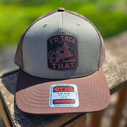 OTTO Style 112-1 Trucker Hat, I'd Tack That, Chocolate on Green, #425