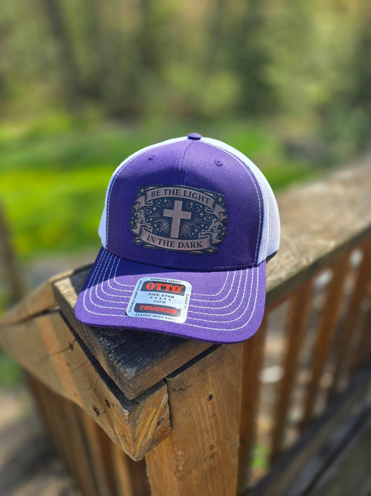 OTTO Style 112-1 Trucker Hat, Be the Light in the Dark, Purple on White, #429