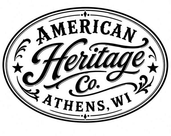 Black and white logo of American Heritage Co. with 'Athens, WI' text