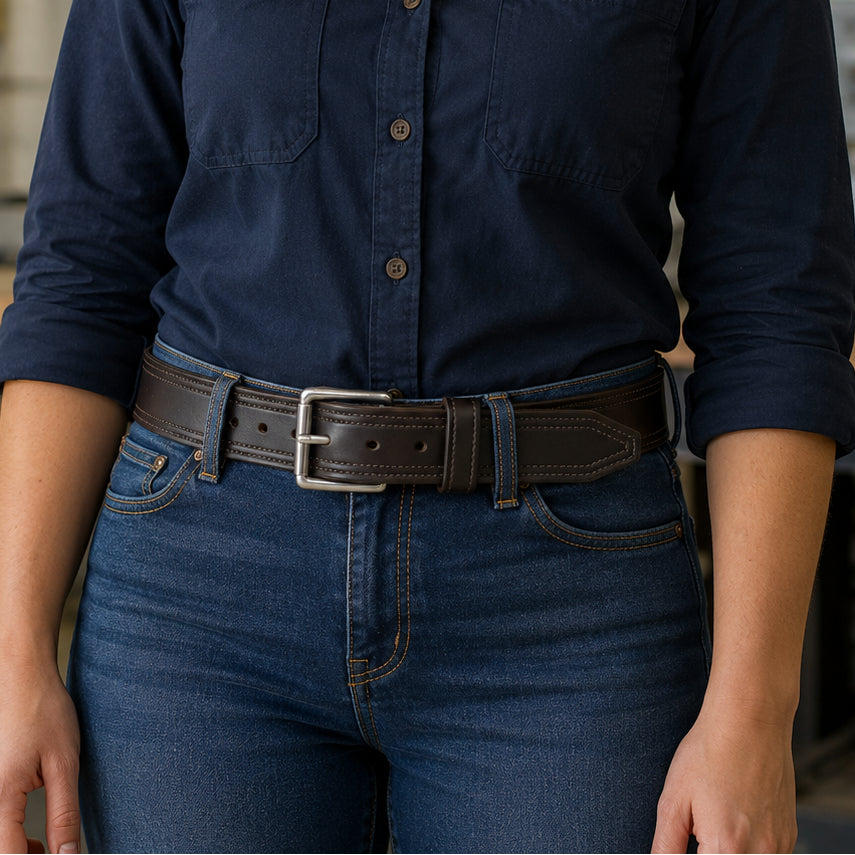 A woman wearing a dark navy blue long-sleeve button-up shirt tucked into blue jeans with a dark brown belt, standing in an industrial workshop setting.