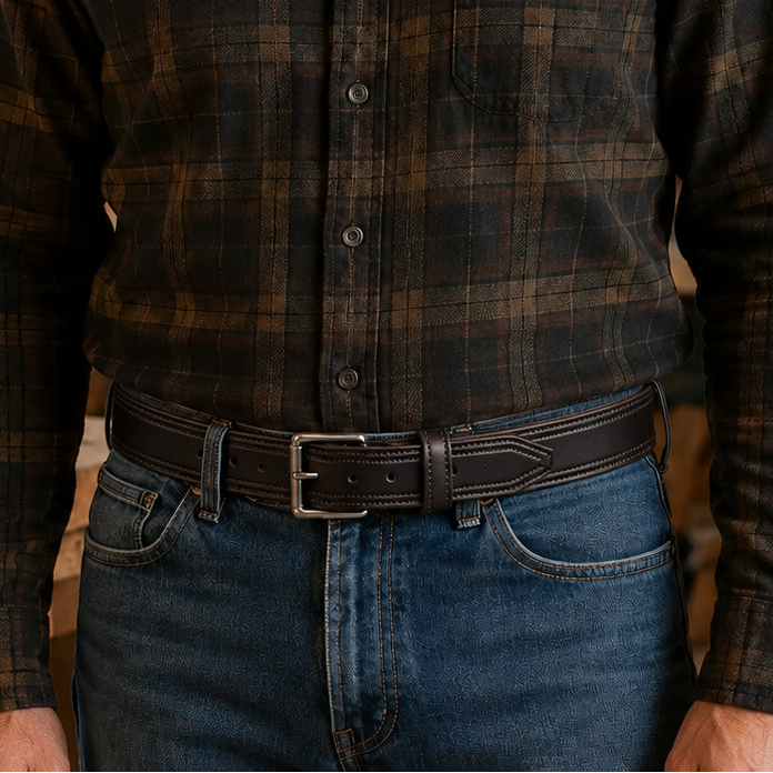 A man wearing a dark brown and black plaid button-down flannel shirt with blue jeans, standing in a rustic wood workshop.
