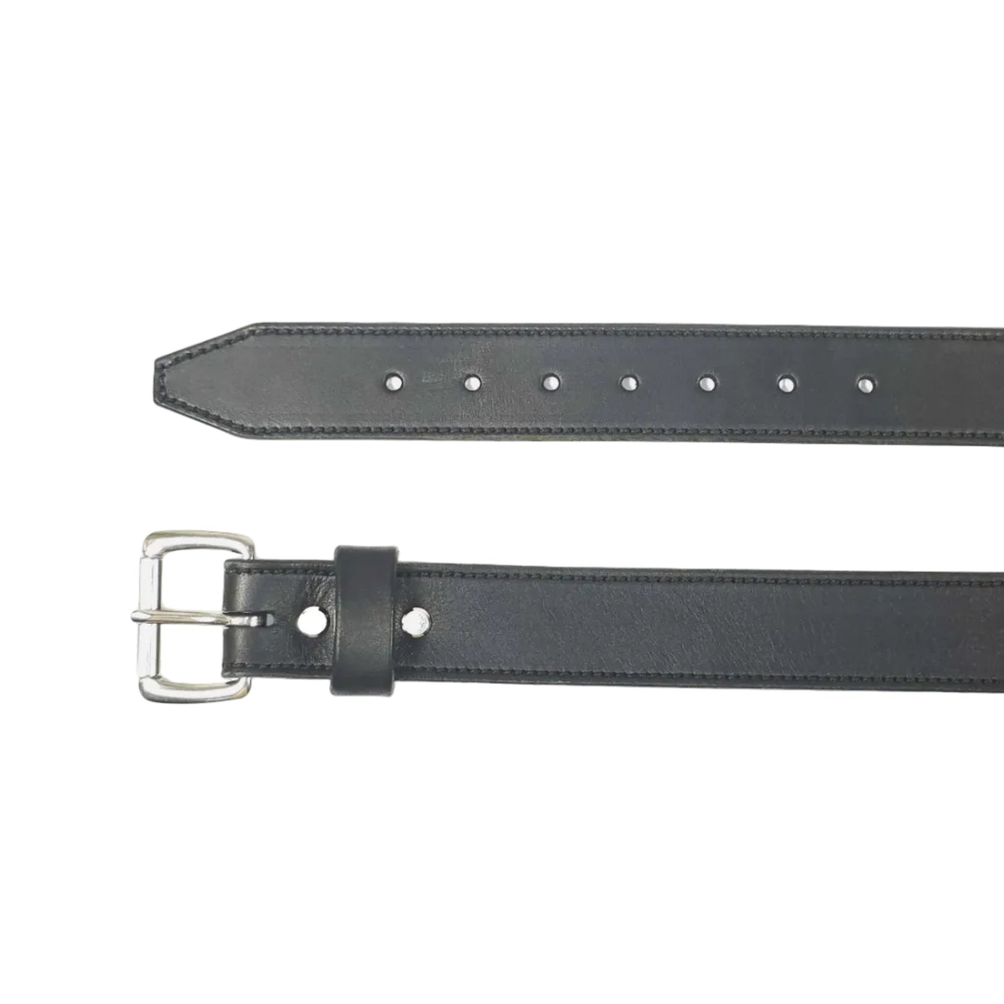 A black leather belt with a silver-tone metal buckle, shown laid flat against a solid white background.