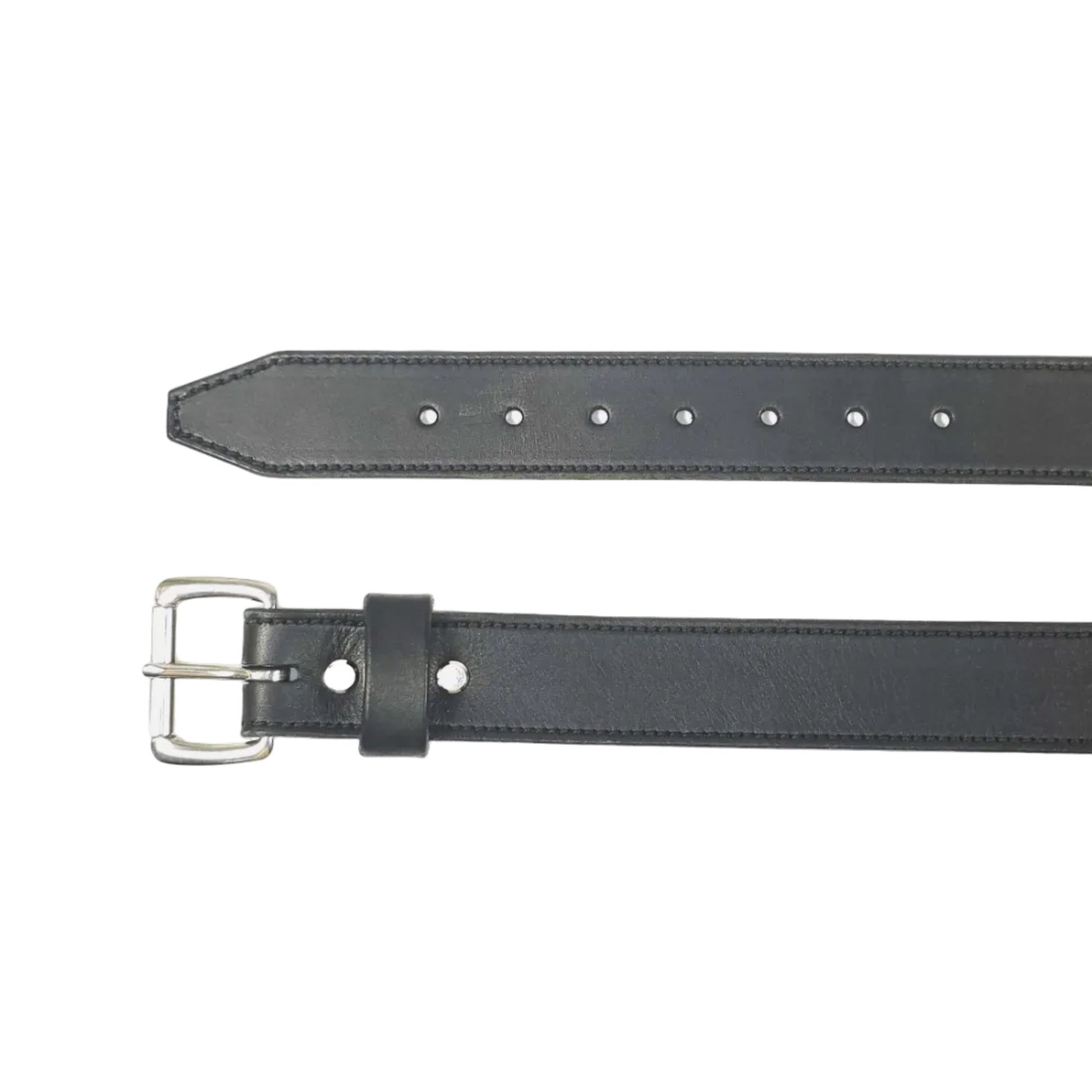 A black leather belt with a silver-tone metal buckle, shown laid flat against a solid white background.