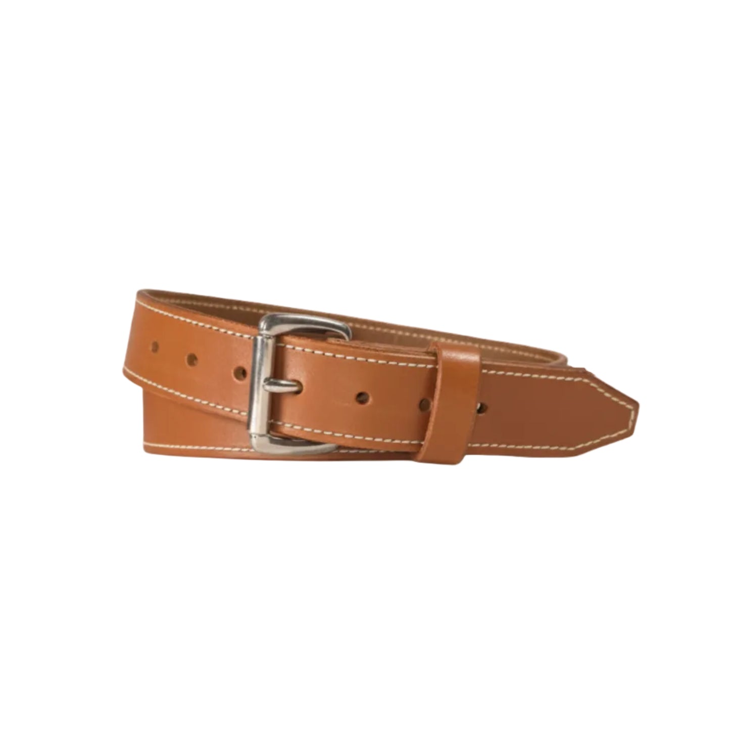 A tan leather belt with white contrast stitching and a silver-tone metal buckle, shown on a plain white background.