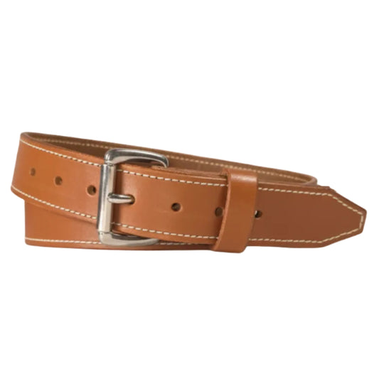 A tan leather belt with white contrast stitching and a silver-tone metal buckle, shown on a plain white background.