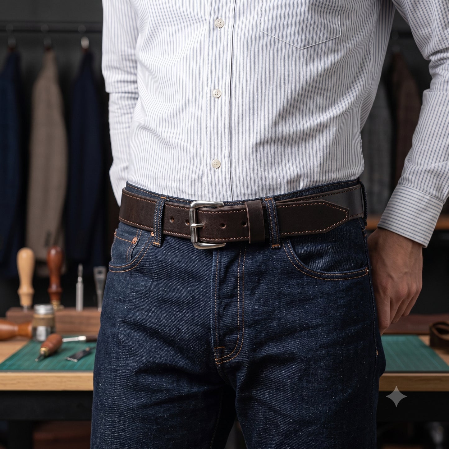 A man wearing a dark brown leather belt with a silver buckle, paired with dark blue jeans and a white striped shirt, standing in a workshop setting.