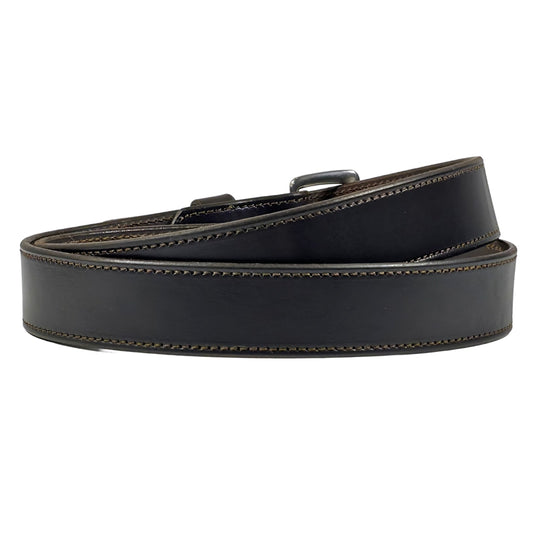 Dark Brown leather belt with brown contrast stitching and a silver-tone buckle, coiled on a white background.