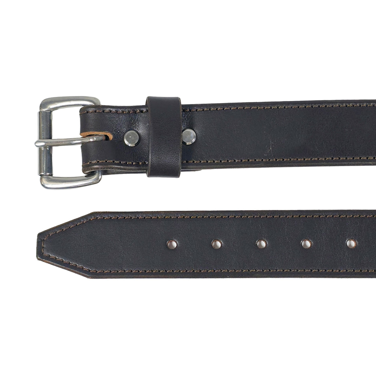A Dark Brown leather belt with a silver-tone metal buckle, shown laid flat against a white background.