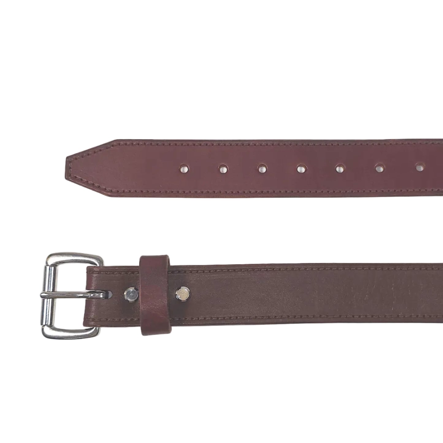 A Whiskey brown leather belt with a silver-tone metal buckle, shown in a flat-lay composition on a solid white background.