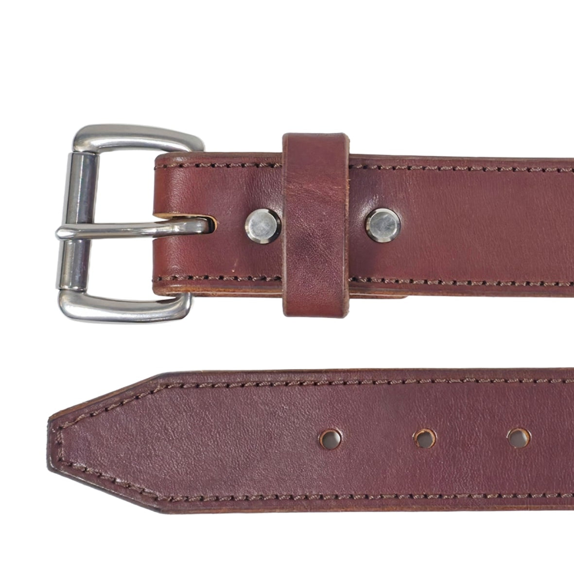 A Whiskey-brown leather belt with a silver-tone metal buckle, shown laid flat against a white background.