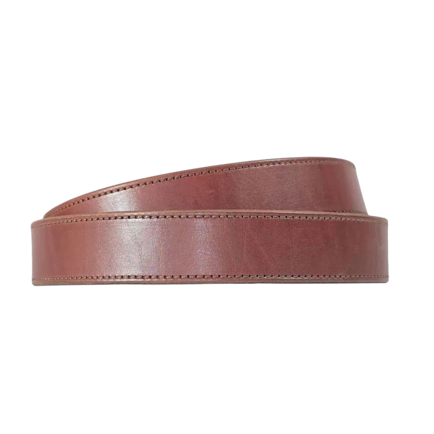 A brown leather belt with a smooth finish and decorative stitching, coiled on a plain white background.