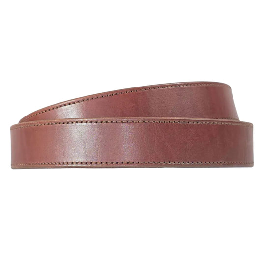 A brown leather belt with a smooth finish and decorative stitching, coiled on a plain white background.