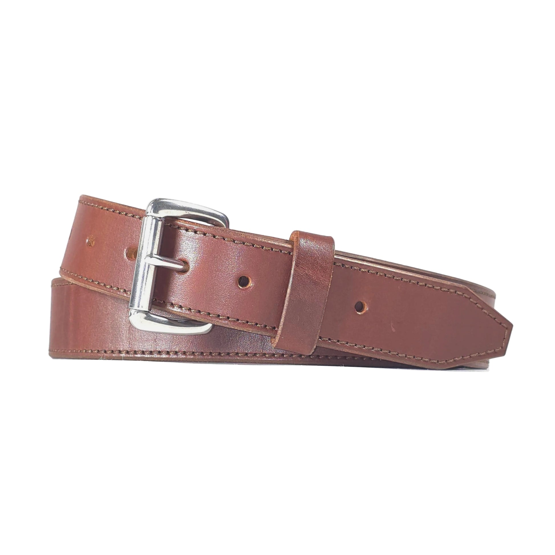 A brown leather belt with a silver-tone metal buckle, neatly coiled on a light gray background.