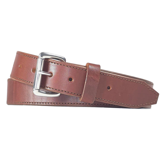 A brown leather belt with a silver-tone metal buckle, neatly coiled on a light gray background.