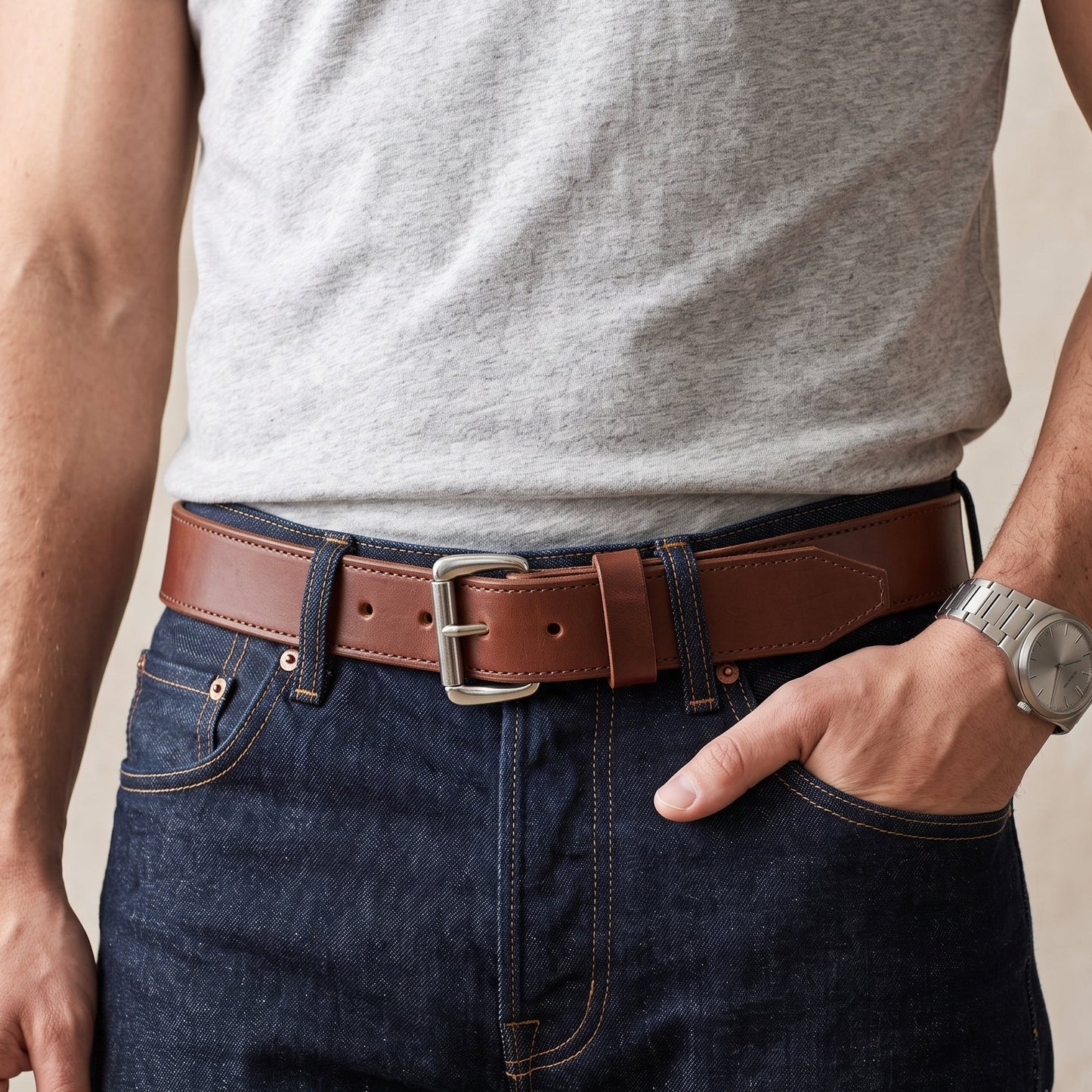 A close-up of a man wearing a brown leather belt with a silver buckle, styled with dark blue jeans and a light gray t-shirt.