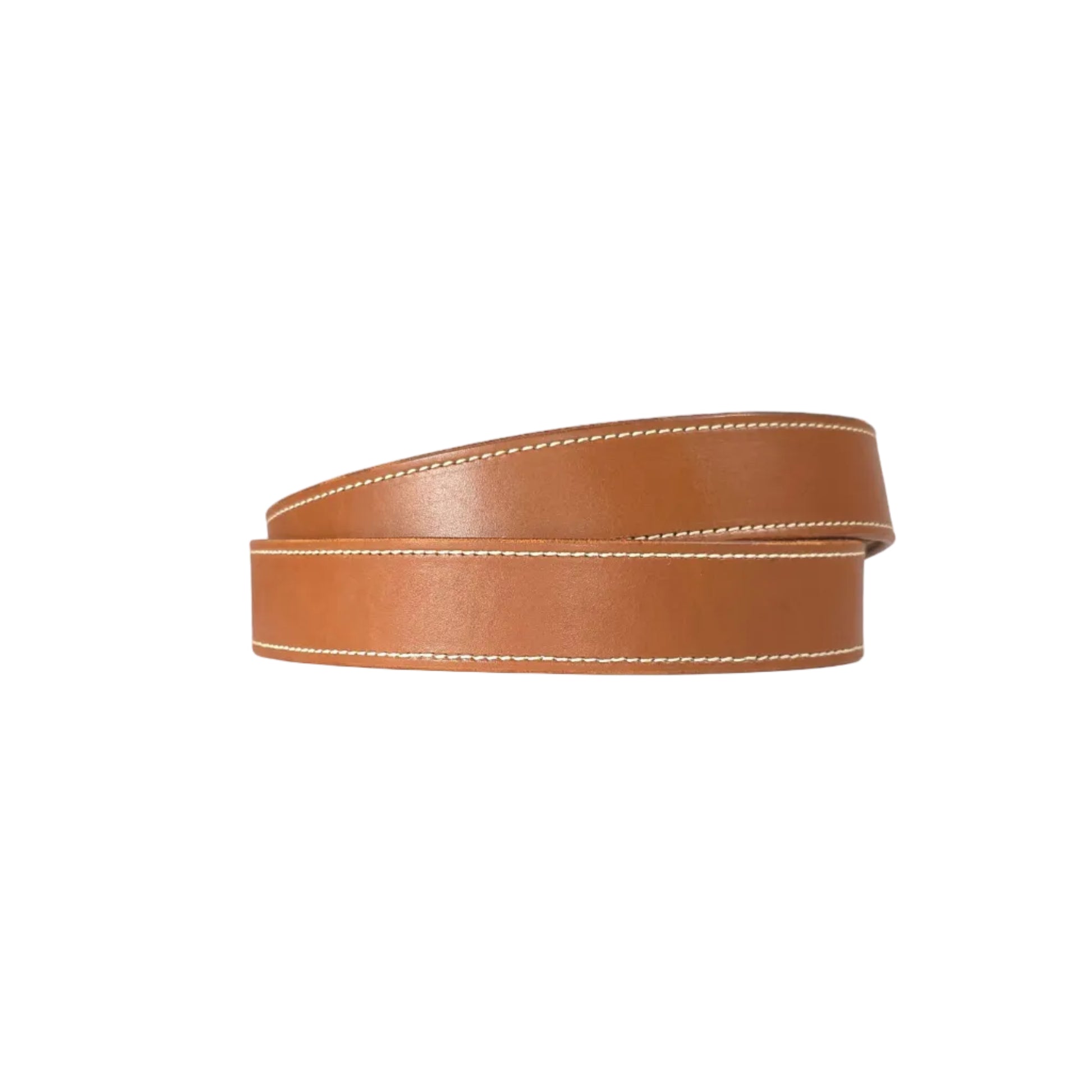 A tan leather belt with white contrast stitching, coiled and presented on a solid white background.