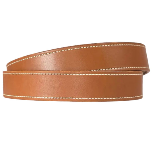 A tan leather belt with white contrast stitching, coiled and presented on a solid white background.