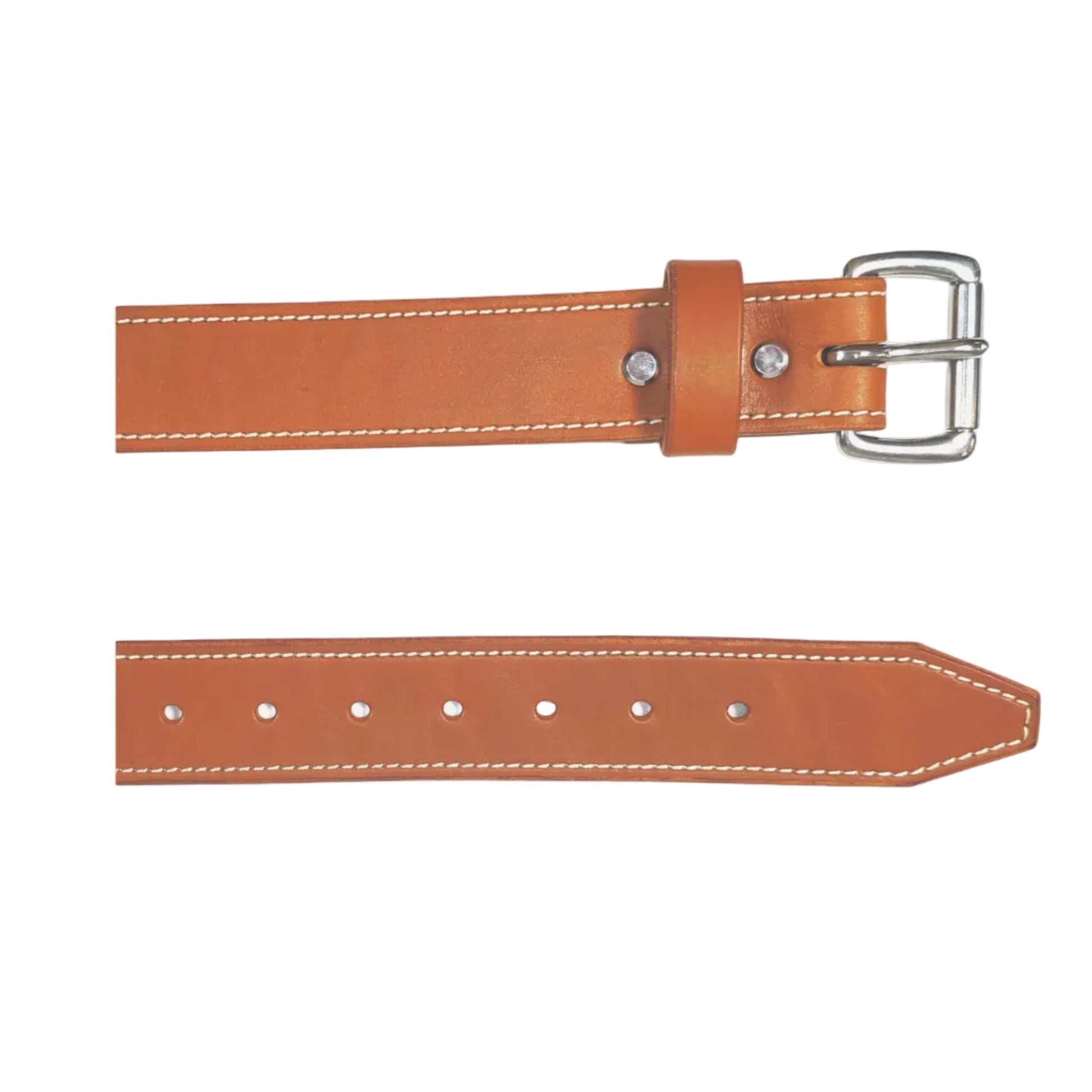 A light brown leather belt with white contrast stitching and a silver-tone metal buckle, shown in two horizontal views on a plain white background.