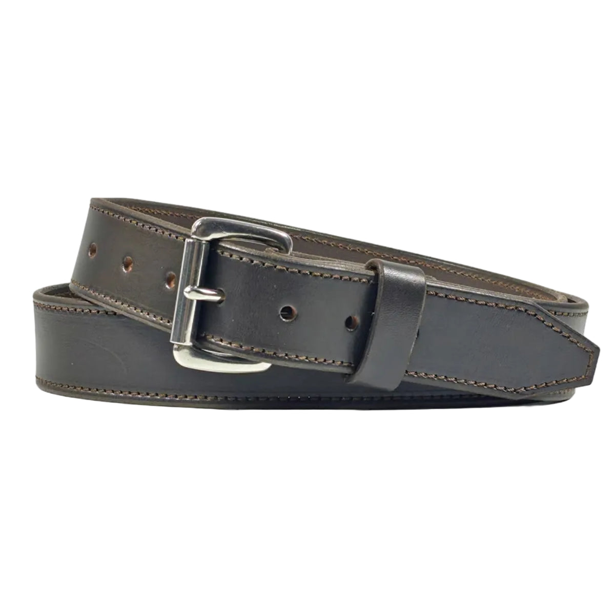 Dark Brown leather belt with brown contrast stitching and a silver-tone buckle, coiled on a white background.