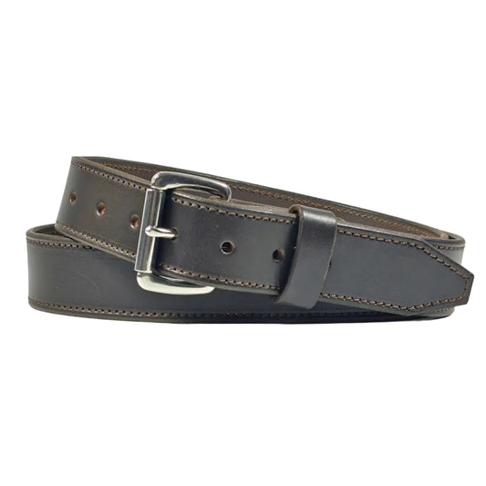 Dark Brown leather belt with brown contrast stitching and a silver-tone buckle, coiled on a white background.