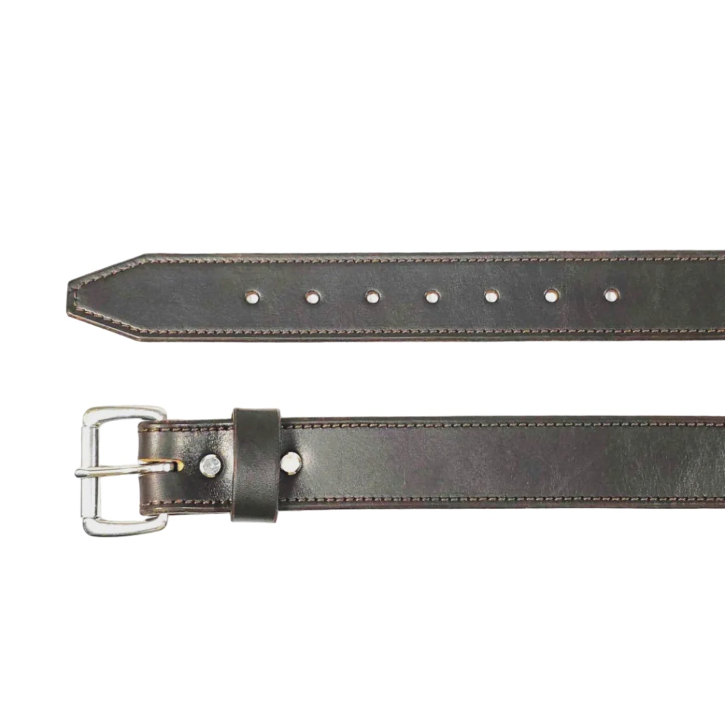 A dark brown leather belt shown in two views: a close-up of the tip with metal eyelets, and a full-length view with a silver-tone buckle, displayed on a light gray background.