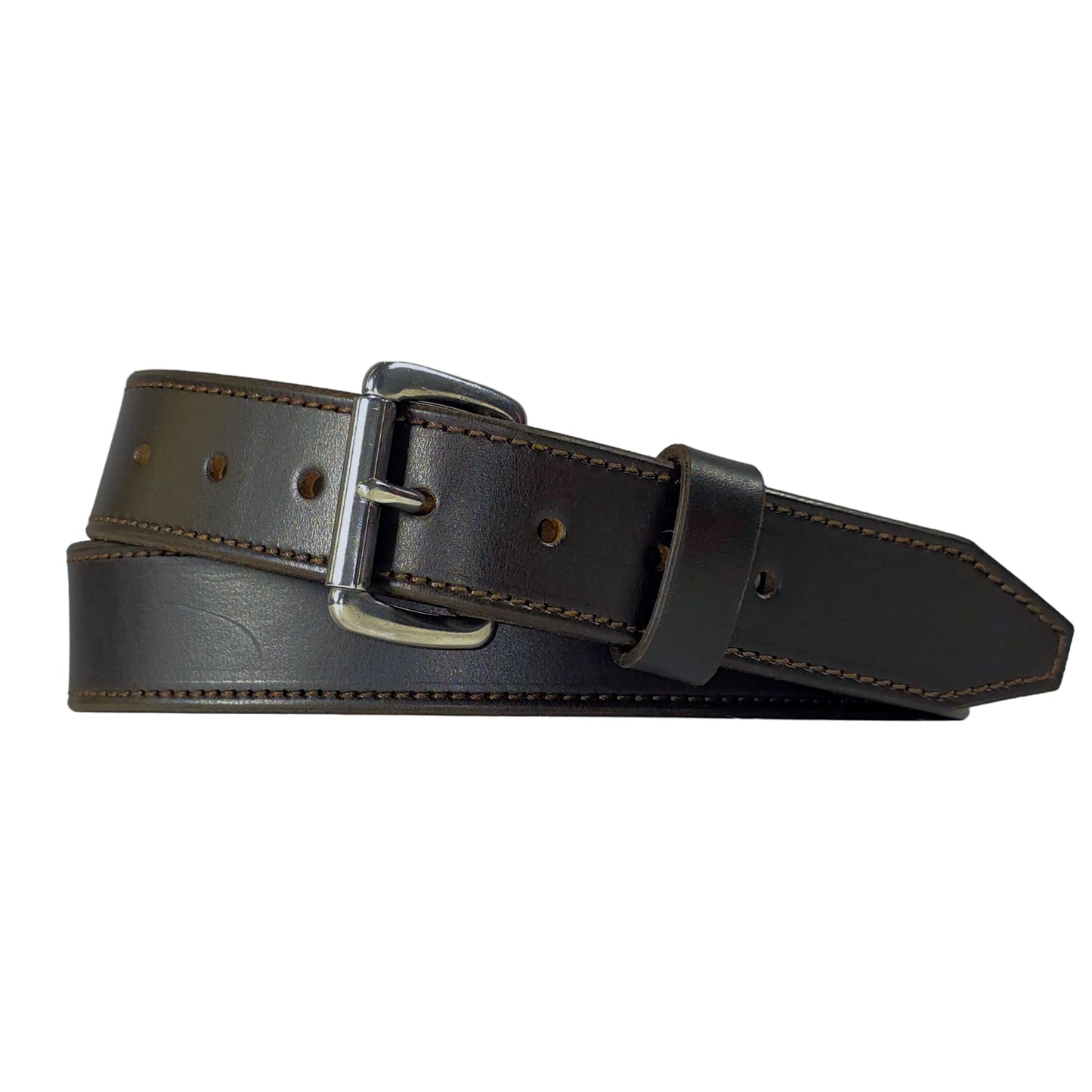 A dark brown leather belt with a silver-tone metal buckle, shown coiled on a plain white background.