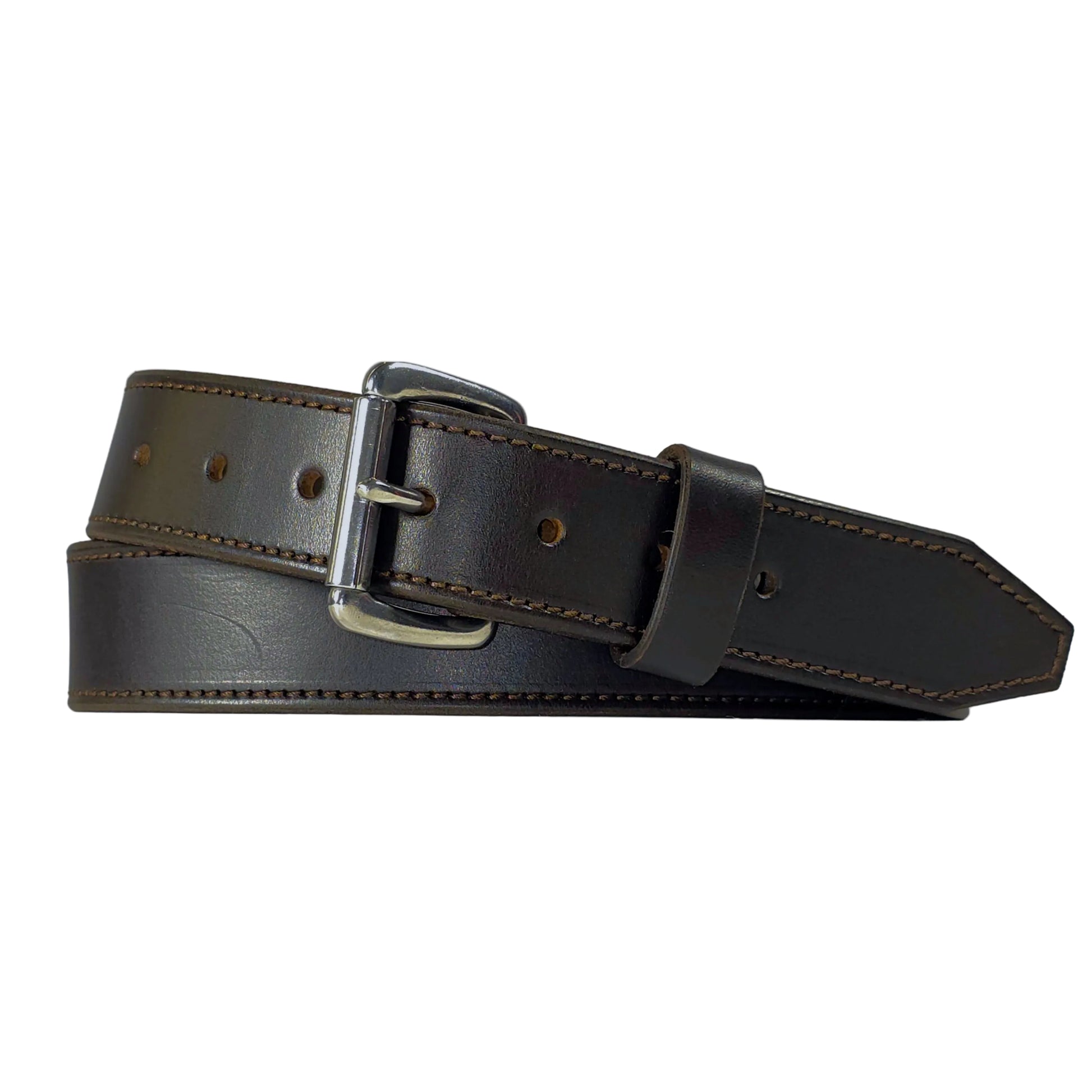 A dark brown leather belt with a silver-tone metal buckle, shown coiled on a plain white background.