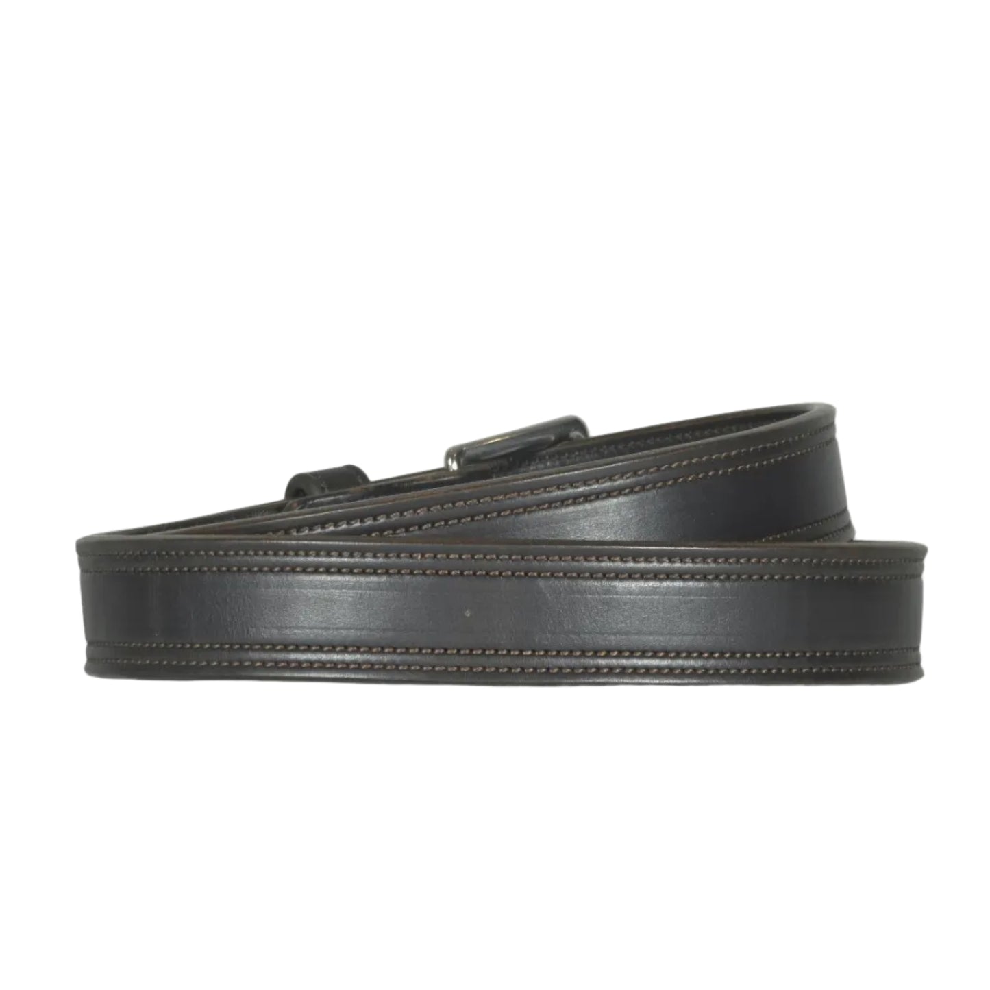 Rear view of a dark brown leather belt with contrast stitching, coiled on a white background.
