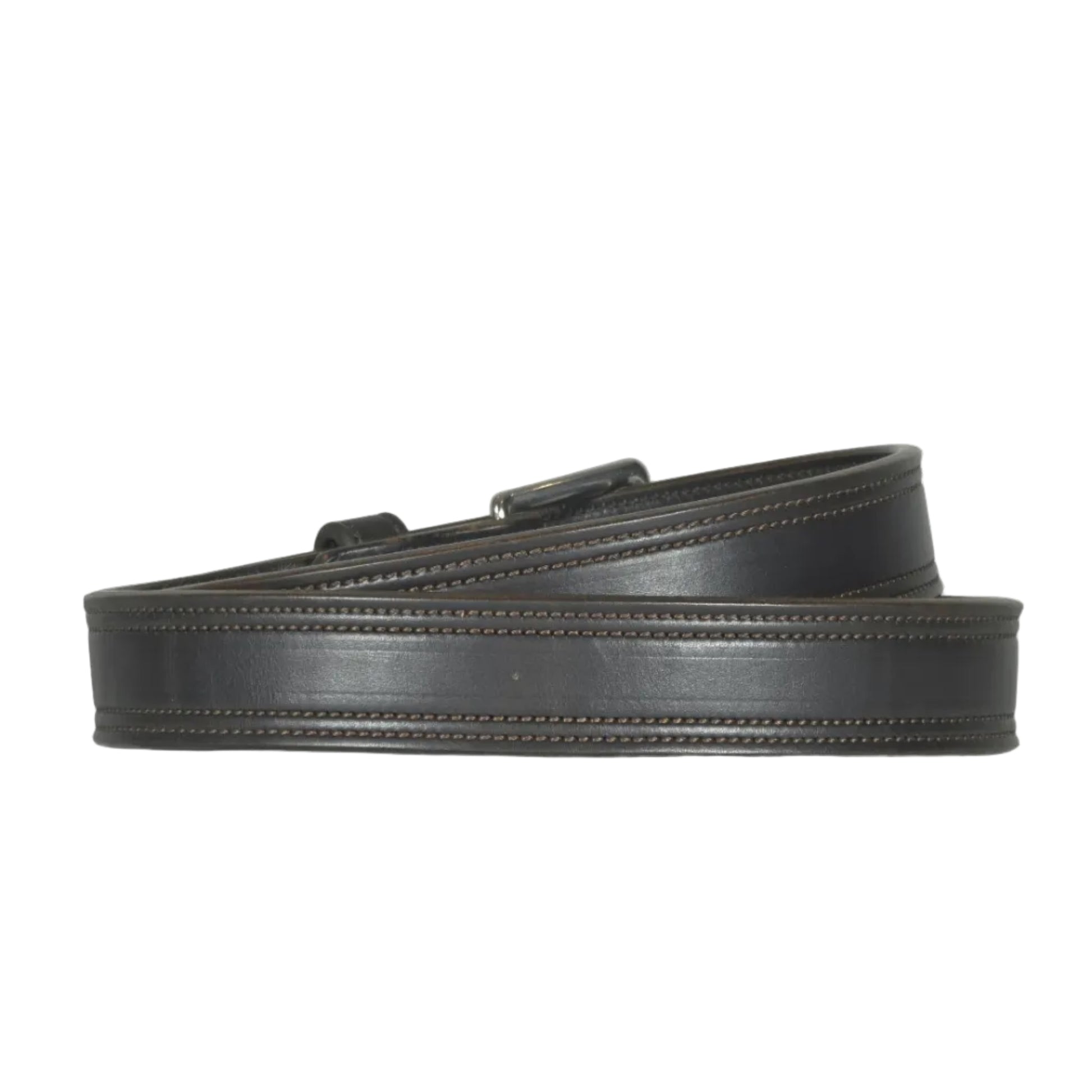 Rear view of a dark brown leather belt with contrast stitching, coiled on a white background.