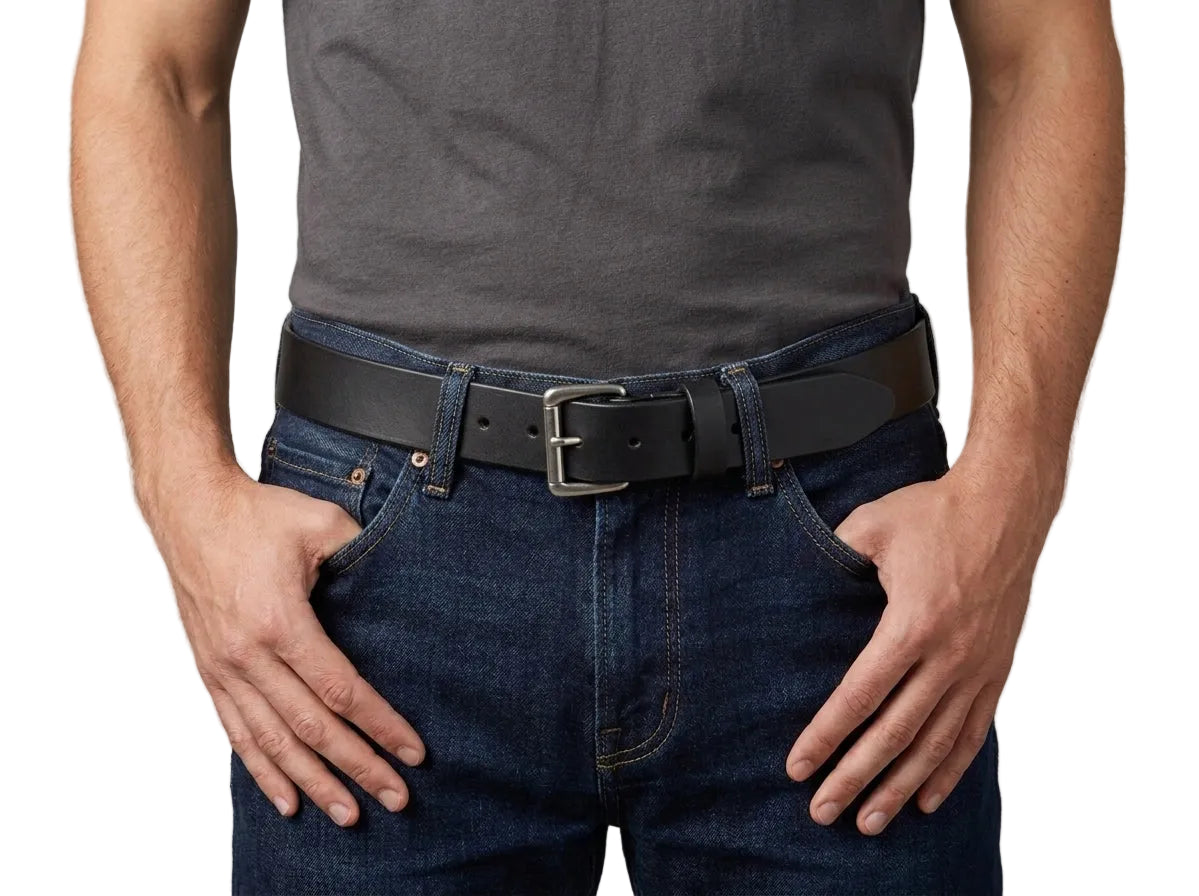 A man wearing a black leather belt with a silver buckle, styled with dark blue jeans and a gray t-shirt against a solid gray background.