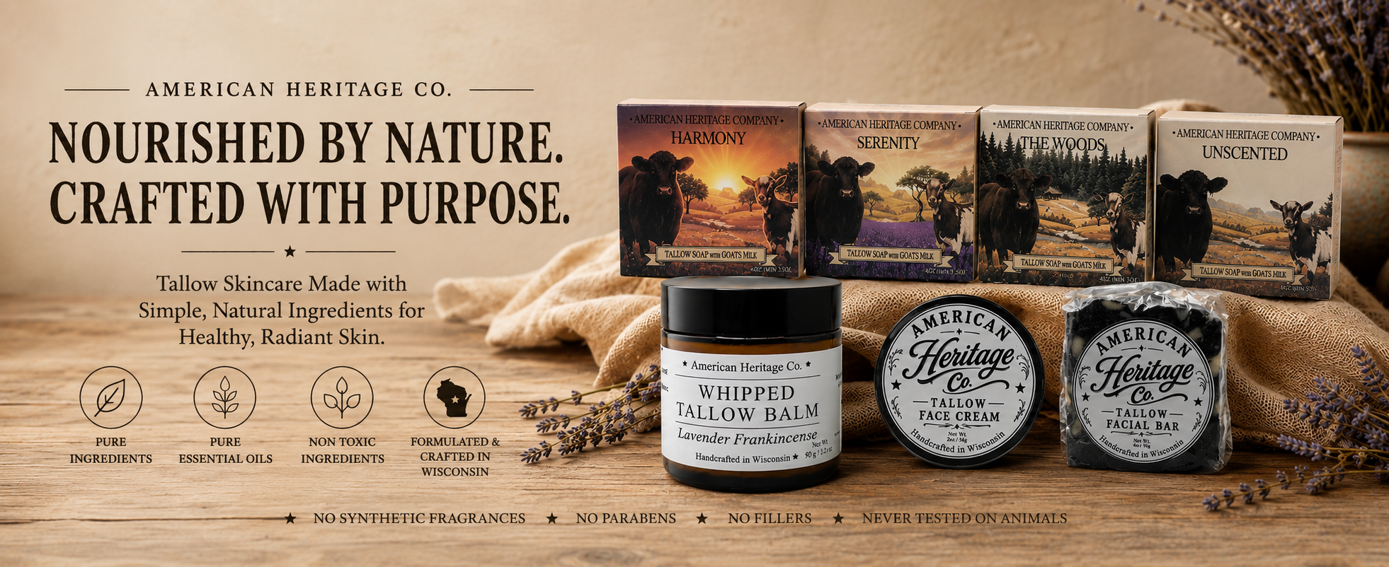A rustic product lineup from American Heritage Co. on a wooden surface with burlap and dried flowers.
