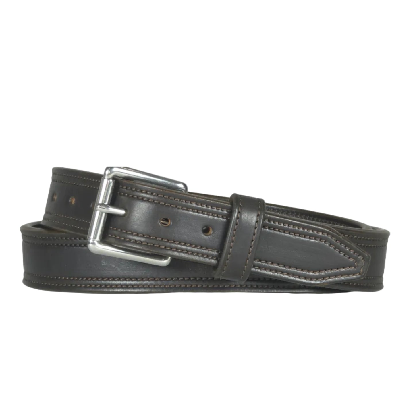 Dark brown leather belt with contrast stitching and a polished silver-tone buckle, coiled on a white background