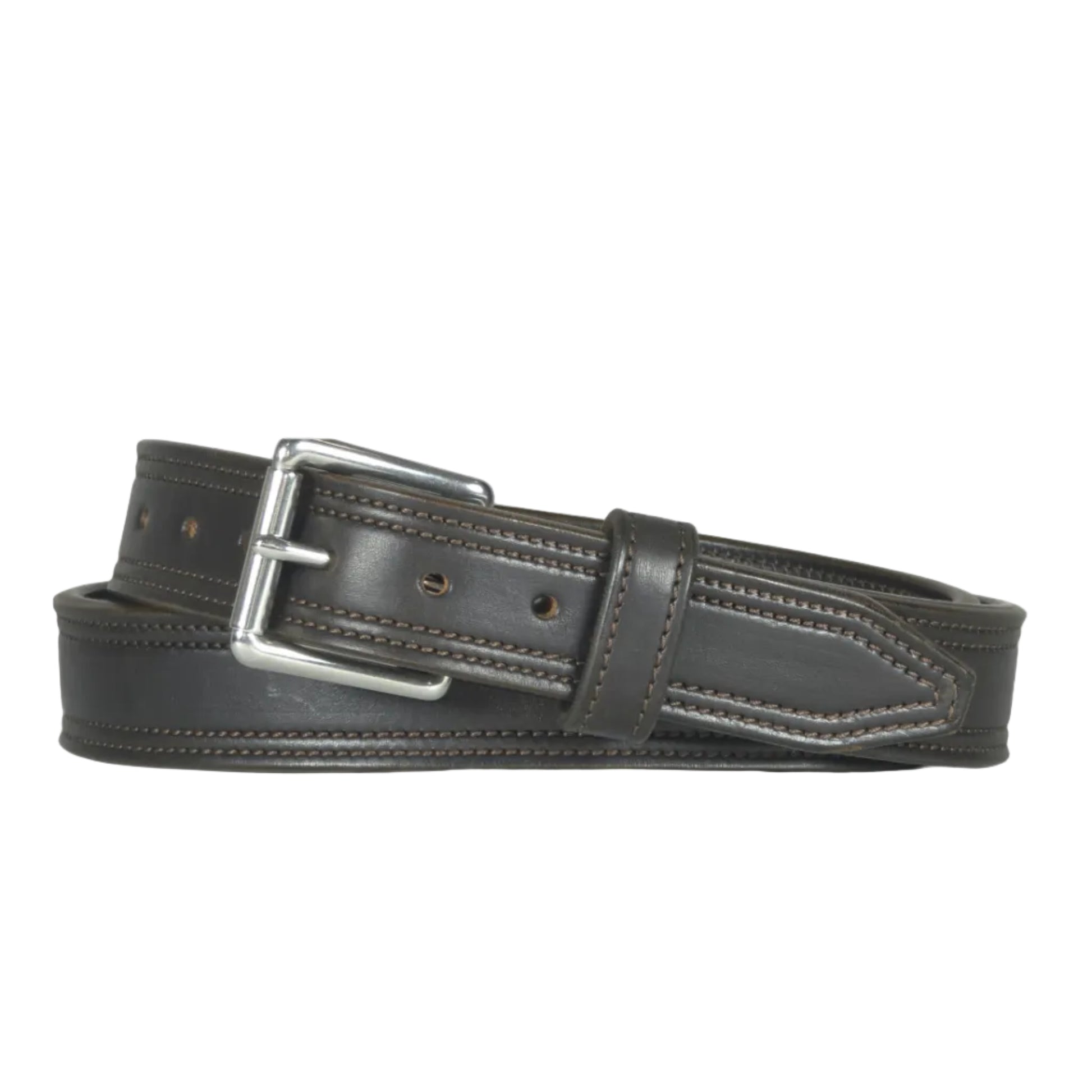 Dark brown leather belt with contrast stitching and a polished silver-tone buckle, coiled on a white background